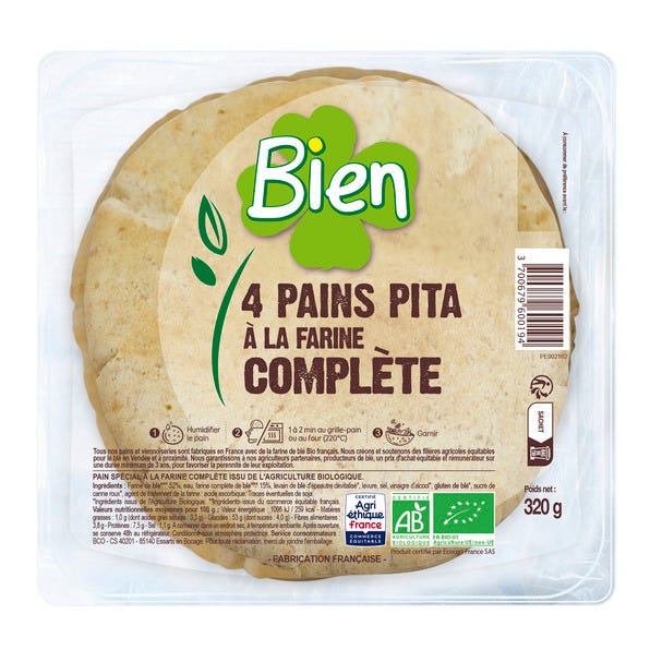 Pain pita farine complète (4) 320g
