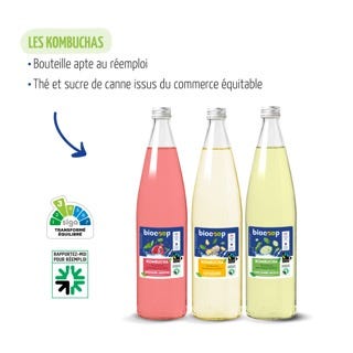 Photo de la gamme de kombuchas de Biocoop - réemploi commerce équitable